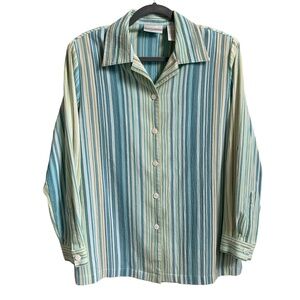 Drapers and Damons Blouse Turquoise Striped Button Up Long Sleeve Size LARGE